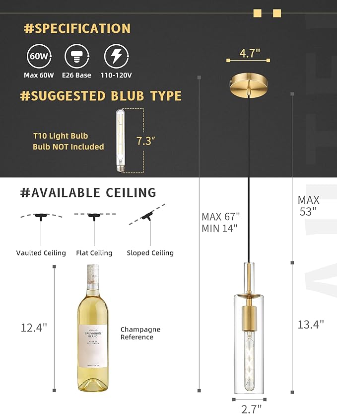 AUTELO 3-Pack Pendant Lights Kitchen Island, Brushed Gold Pendant Light Fixtures, Vintage Pendant Lights with Clear Cylinder Glass, Hanging Light for Kitchen Island, Dining Room, H3875 BG-3PK