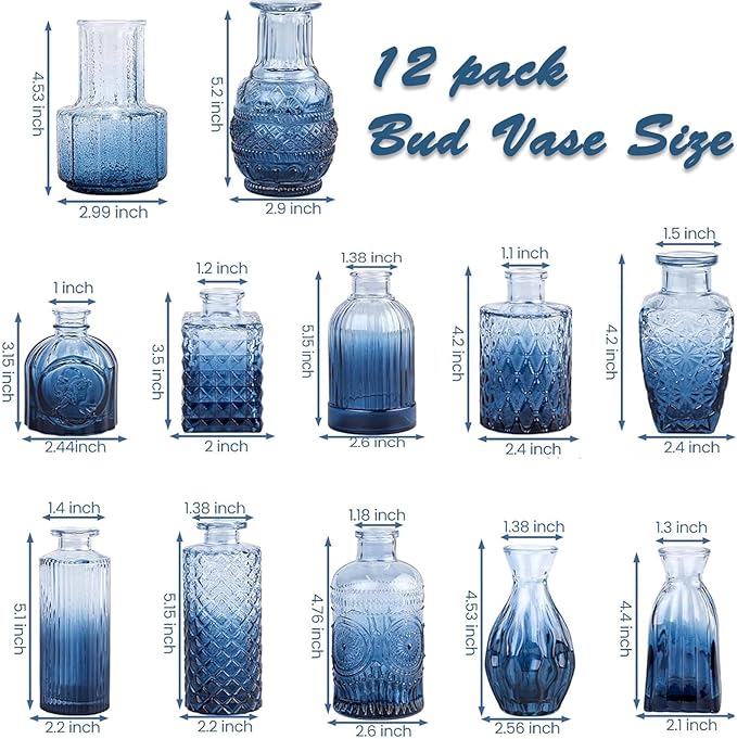 Glass Bud Vase Set of 12 Pcs, Small Glass Vases for Flowers, Vintage Vases for Centerpieces, Small Flower Design for Centerpieces Wedding Decorations Home Flower Party Decor (Blue, 12 Pcs)