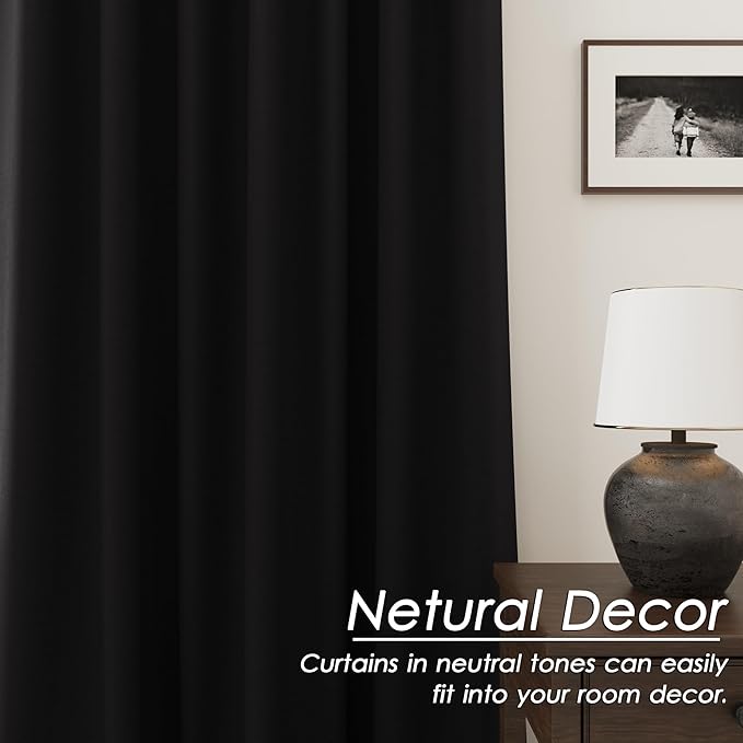 100% Blackout Linen Curtains for Bedroom Thermal Insulated Grommet Complete Blackout Drapes 80 Inch Length 2 Panels Set Heat and Full Light Blocking Living Room Darkening Curtains Black