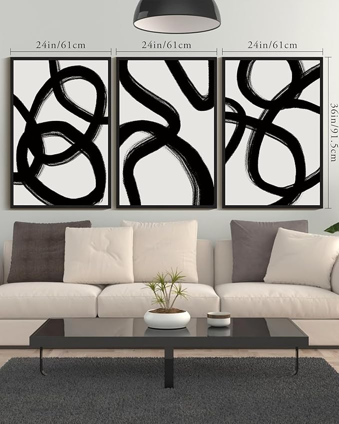 KUVIOKE Black and Wahite Abstract Framed Wall Art Ink Wash Minimalist Lines Painting Artwork for Bedroom Hallway 24x36in (Black Framed)
