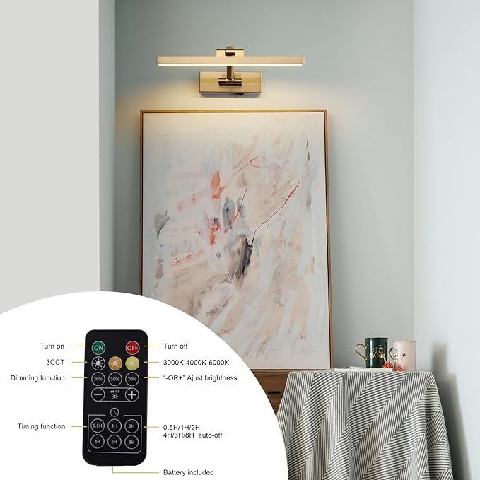 Picture Light with Remote 3 Colors Wireless Art Lights for Paintings,Rotatable Wall Sconce Rechargeable Battery Powered Painting Light,Dimmable Light Over Picture Frame for Gallery,Brass 11.6 inch