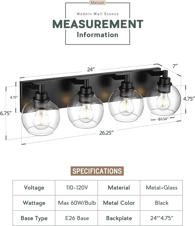 Bathroom Light Fixtures, 4 Light Matte Black Vanity Light, 26 Inch Modern Wall Sconces with Globe Clear Glass Shade, Vanity Lighting Fixtures Over Mirror, VL195-MB-CL-4