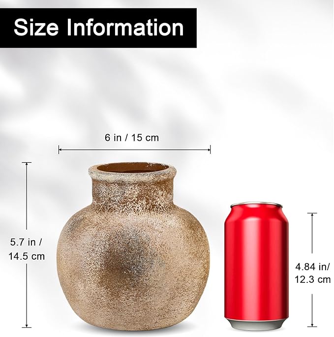 Ceramic Rustic Farmhouse Vase | 6 Inch Pottery Decorative Flower for Home Decor | Boho Vase | Terracotta for Table, Living Room, Bathroom Decoration, Shelf Decor, Mantel, Terra