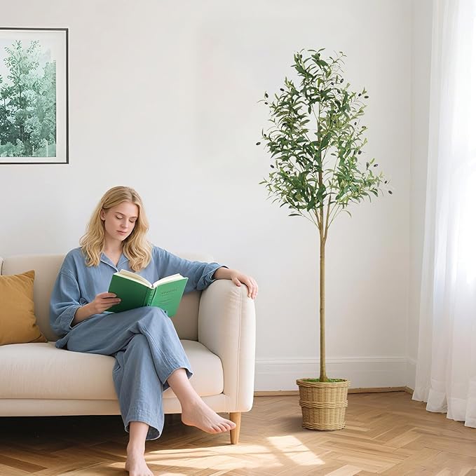 WILDLOVE Fake Olive Tree Artificial Indoor, Potted Faux Olive Trees with Natural Wood Trunk & Lifelike Fruits for Home Office Decor (6ft)