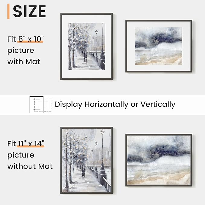 11x14 inch Metal Picture Frame - 11 x 14 Thin Aluminum Photo Frames with 8x10 Removable Mat - High Definition Plexiglass - Vertical and Horizontal Display - Wall Hook Hanging Hardware Included - Black, Set of 1