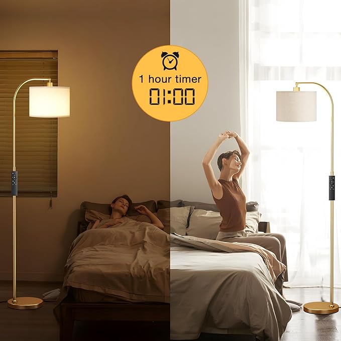 Arc Floor Lamp with Remote and Stepless Dimmable Bulb, Colors Temperature & Brightness Adjustable, Gold Floor Lamps for Living Room（Deep Beige Shade & Gold Pole）