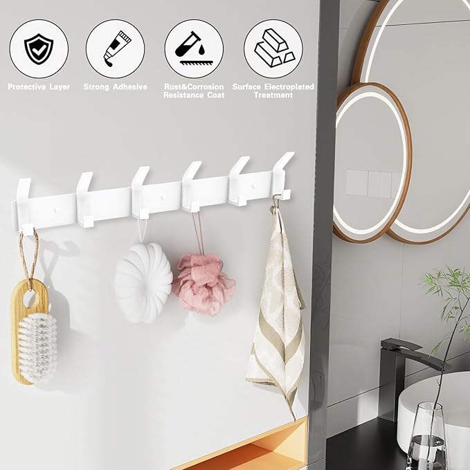 1 Pack Coat Rack Wall Mount,17.3 in Wall Hooks for Hanging, Coat Hanger Wall Mount Towel Rack Hat Rack for Wall with 6 Hooks for Entryway, Bedroom, Bathroom (White, 6 Hooks-1Pack)