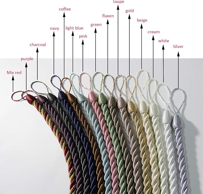 BEL AVENIR Curtain Rope Tiebacks, Drapery Rope Holdbacks with 4 Metal Screw Hooks, 2 Pair - Silver