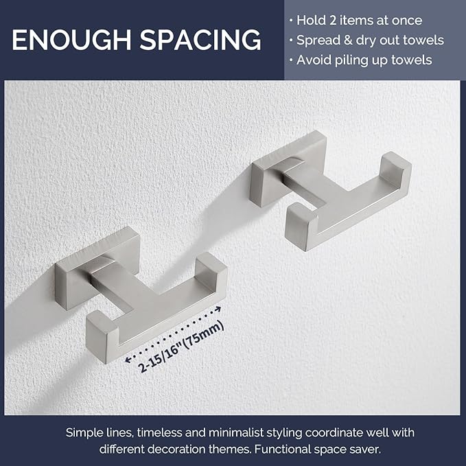 Angle Simple Bathroom Double Hook 2 PCS, SUS304 Stainless Steel Hand Towel Holder, Bath Towel Hanger, Modern Robe Hook for Wall, Brushed Nickel