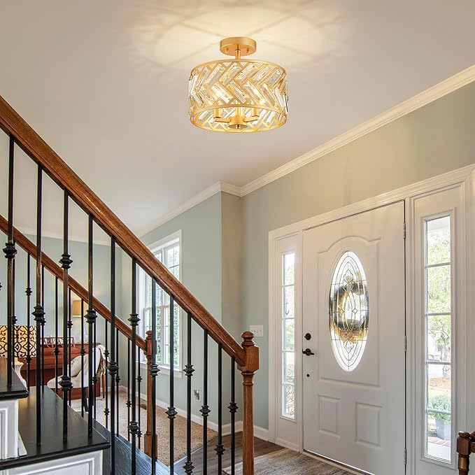 Shrine Lighting Crystal Ceiling Light, Gold Crystal Chandelier for Living Room, D12.4'' x H11.2'', E12*3 Sockets, Ctystal Lampshade & Gold Finish Frame