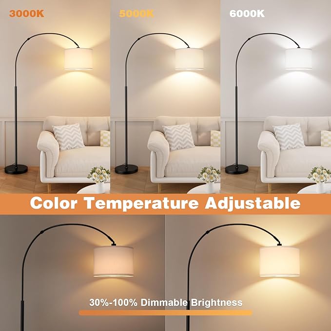 Ambimall Dimmable Arc Floor Lamp with Remote, Color Temperatures and Brightness Adjustable, Arched Floor Lamp with Rotating Head, Over Couch Arched Reading Light for Living Room (White and Black)