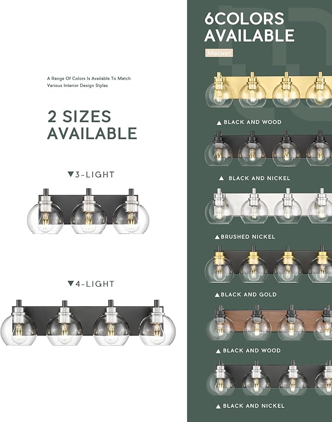 Bathroom Light Fixtures, 3-Light Black and Brushed Nickel Bathroom Vanity Light, Modern Wall Sconces with Globe Clear Glass Shade, Vanity Lighting Fixtures Over Mirror, VL195-KN-3