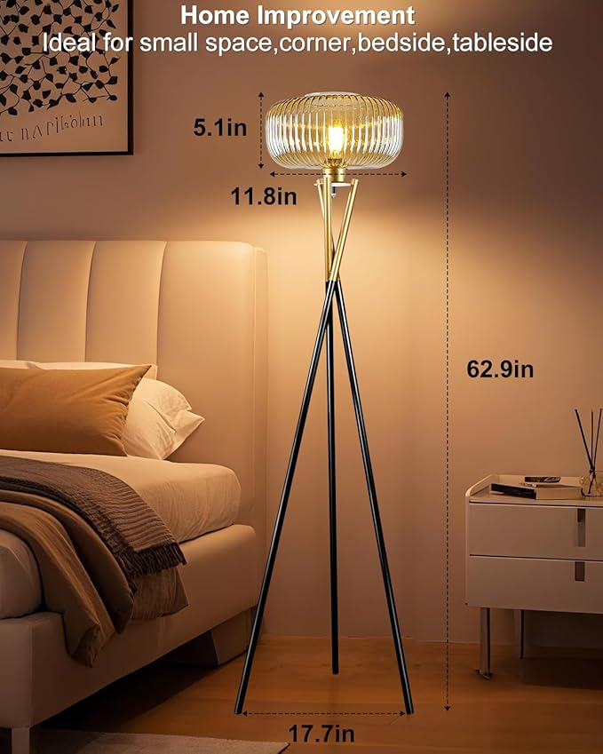 Lightdot Glass Tripod Floor Lamp for Living Room, Modern Gold&Black Standing Lamp with Ribbed Champagne Glass Lampshade, Arc Tall Lamp for Bedroom Office Reading Room, (LED Bulb Included)