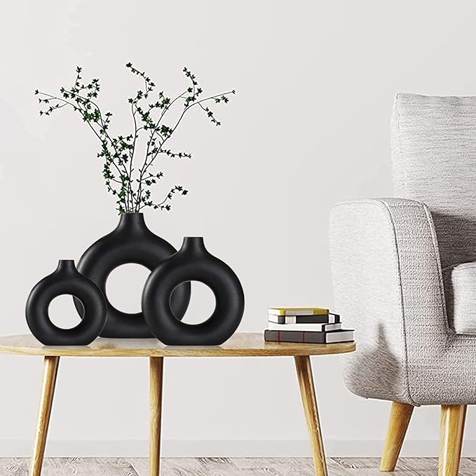 Black Ceramic Vases -for Modern Home Decor,Black Round Vase Set 3 Matte Design Minimalist Nordic Boho Style for Wedding Dinner Table Living Room Office Bedroom, Decorative Gift