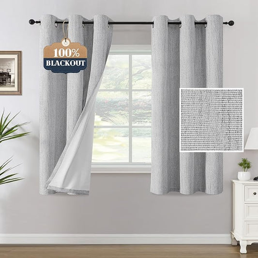 H.VERSAILTEX Chenille Linen Blackout Curtains for Bedroom Thermal Insulated Textured Linen Look Curtains with White Flocking Coating Back, 42" W x 63" L, Heathered Glacier Gray(Not Solid)