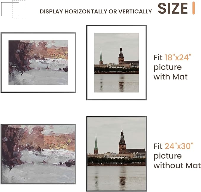 24x30 Aluminum Picture Frame - with Mat for 18x24 Photo or Without Mat for 24 x 30 Photo, Metal Poster Frame with High Definition Plexiglass, Wall Mounting or Tabletop Display, Black, Set of 1