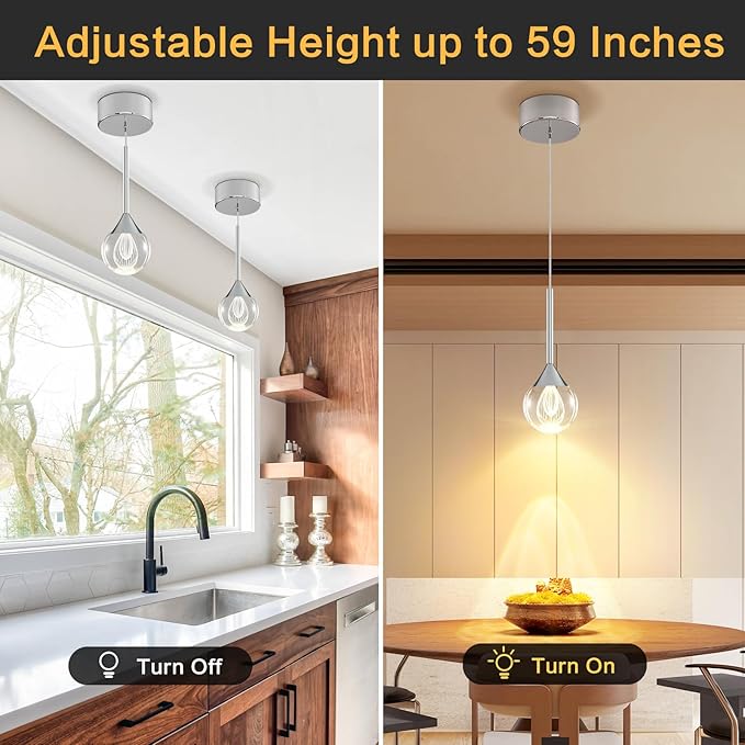 1-Light Teardrop Crystal Pendant Light - Chrome Finish Globe Ceiling Hanging Fixture D3.9 inch LED Pendant Light with Remote ，Raindrop Chandelier for Kitchen Island, Dining Room, Bar