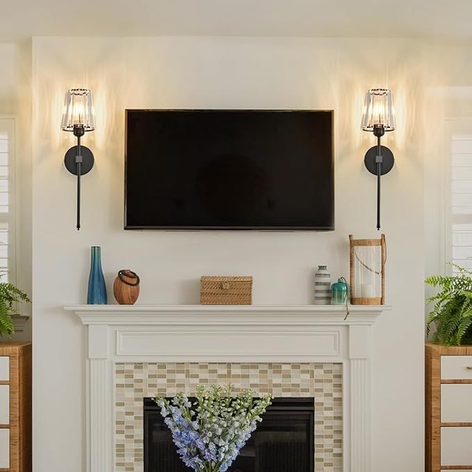 Crystal Wall Sconces Set of 2, Dimmable Wall Sconce with Plug in Cord and Dimmer Matte Black Plug in Wall Lamp Wall Mounted Light with Crystal Shade for Living Room Bedroom Vanity Light Bulbs Included