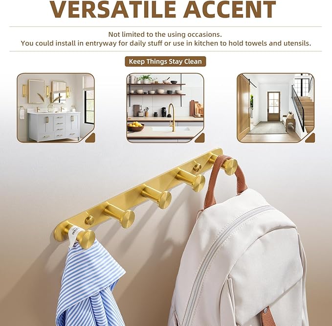 Angle Simple Towel Hook Rack Brushed Gold, SUS304 Stainless Steel Bathroom Hook Rail 5 Hooks, Utility Kitchen Towel Holder, Wall Mount