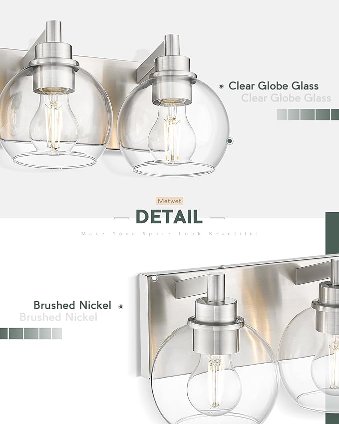 Bathroom Light Fixtures, 3-Light Brushed Nickel Vanity Light, Modern Wall Sconces with Globe Clear Glass Shade, Vanity Lighting Fixtures Over Mirror, VL195-BN-CL-3