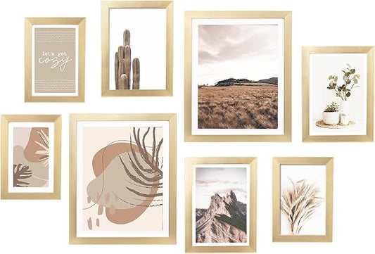 ArtbyHannah Gallery Wall Frame Set,Gold Picture Frames Collage Wall Decor with Neutural Art for Living Room Stariway,8 Pack Assorted Size 8"x10",5"x7",4"x6", Small