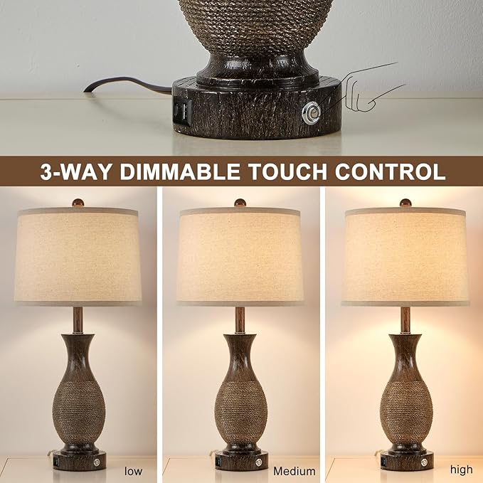 28" Rustic Farmhouse Lamps for Living Room Set of 2 Bedside Table Lamps for Bedroom Nightstand with USB A+C Charging Ports, 3-Way Dimmable Touch Lamp, Brown, Linen Lampshade, LED Bulbs Included