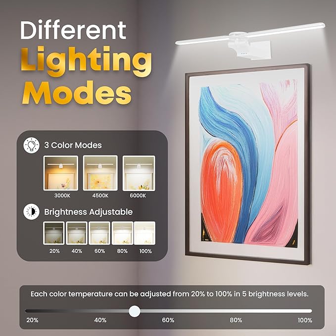 2 Pack Picture Light for Wall, 18in Rechargeable Wall Art Light with Timer and Dimmable, Painting Frame Light with Remote Control Display for Painting, Frame, Portrait, Dartboard(White)