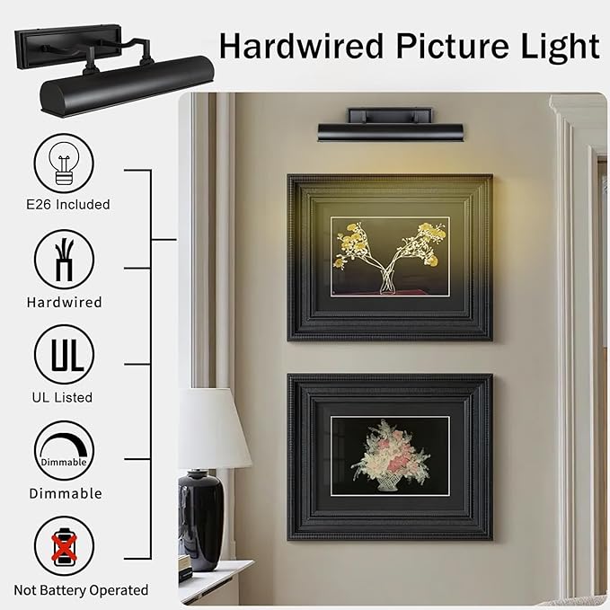Picture Light for Wall 18" Black Picture Lights Hardwired 3-Light Bronze Picture Frame Light Dimmable Art Gallery Light Accent Lighting Bathroom Wall Sconce for Artwork Poster Display