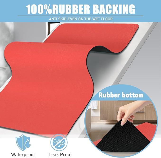 Extra Long Bathroom Rugs Diatomaceous Earth Bath mat Super Absorbent Quick Dry Non Slip Bath Mat Thin Runner Rug Fit Under Door-Shower Rug for in Front of Bathtub Shower, Red, 23.6"x47.2"