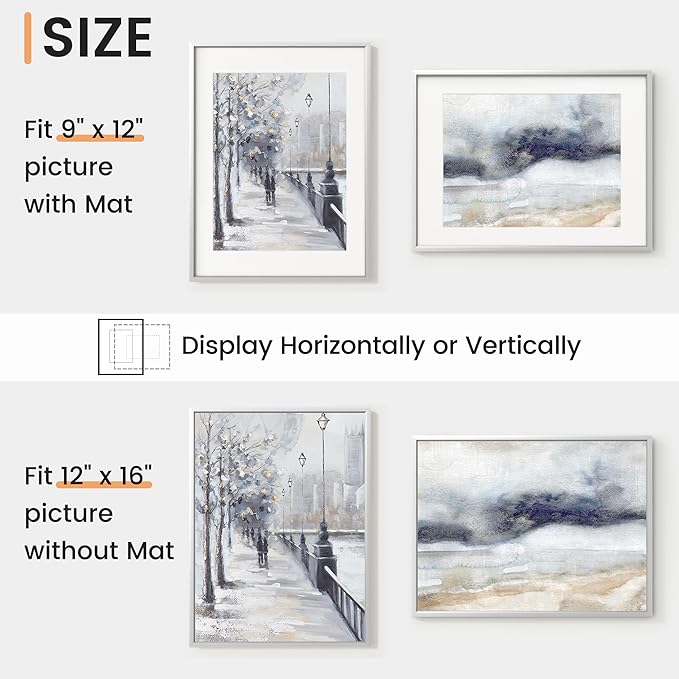 12x16 inch Metal Picture Frame - 12 x 16 Thin Aluminum Photo Frames with 9x12 Removable Mat - High Definition Plexiglass - Vertical and Horizontal Display - Wall Hook Hanging Hardware Included - Silver, Set of 1