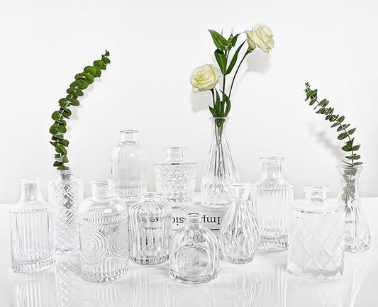 Glass Bud Vases Set of 12, Small Vases for Centerpieces, Vintage Mini Vases for Wedding Decor, Clear Glass Bud Vase in Bulk, Office and Home Table Flower Décor