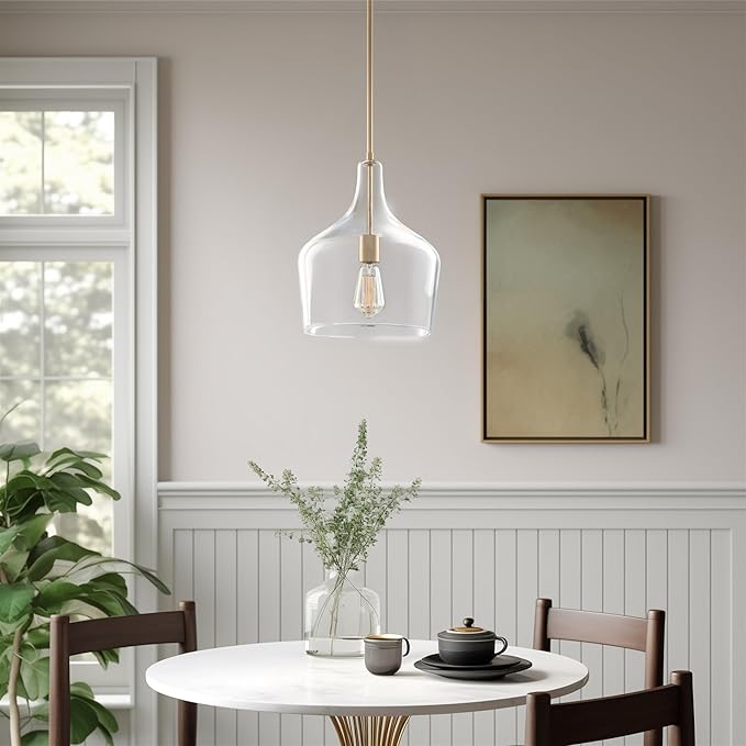 Kira Home Lucy 16" Modern Pendant Light + Clear Glass Vase Shade, Adjustable Hanging Height, Cool Brass Finish
