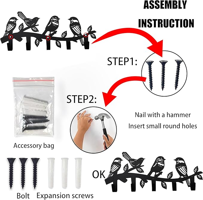 Metal Bird Coat Hooks Wall Art Decor-Bird Hangers and Key Holder-Animal Theme Hooks Sweet Home Decor for Storage, Living Room, Hallway, Office (Black)