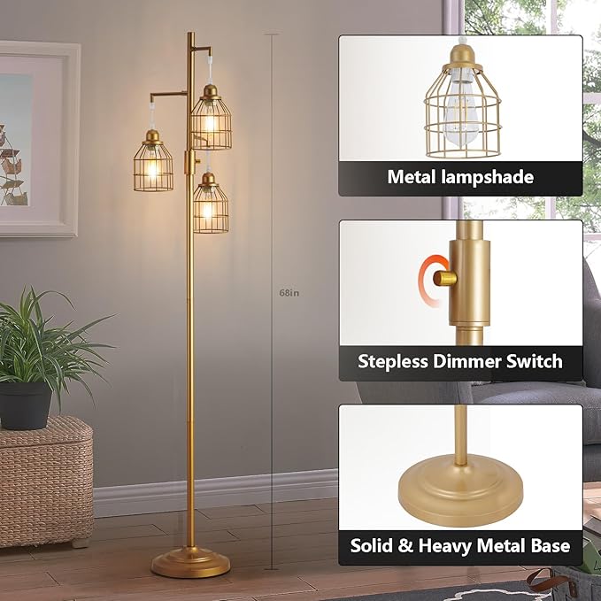 9MMML Golden Dimmable Floor Lamp,Industrial Gold Farmhouse Tall Standing Lamp for Living Room, Bedroom Office,3 Teardrop Cage Lampshade,3 LED Bulbs Inculded, 68'' Tall