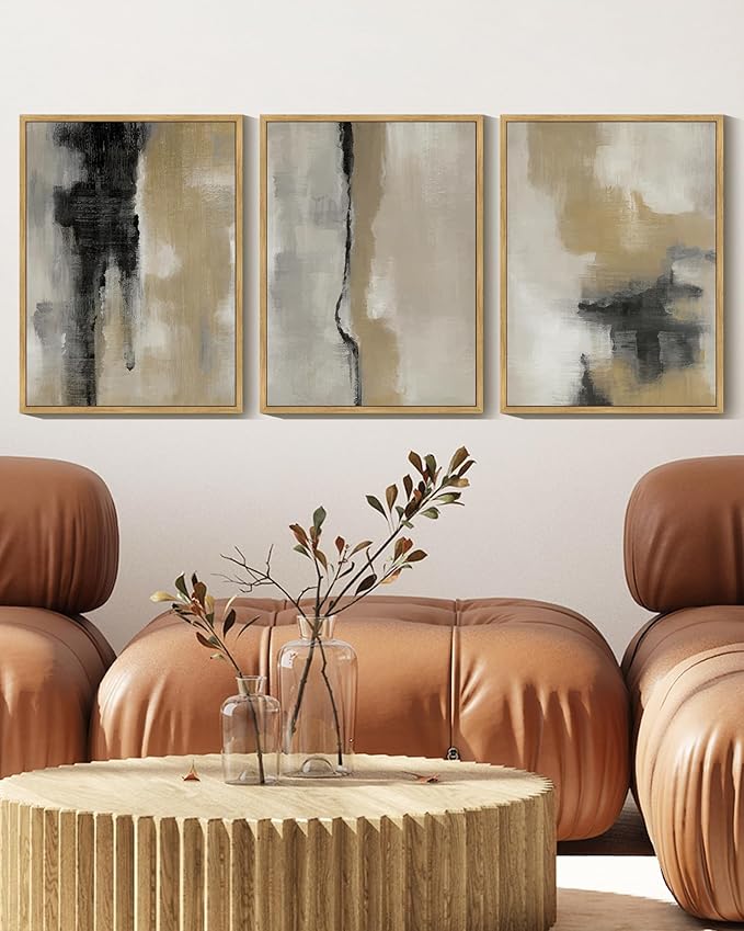 KUVIOKE Black Abstract Framed Wall Art Neutral Graffiti Pastel Minimalist Wall Decor Modern Art Painting for Bedroom Living Room 12x16in (Natural Framed)