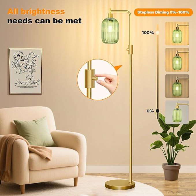 【Upgraded】 Dimmable Glass Floor Lamp for Living Room, Modern Gold Standing Lamp with Green Ribbed Glass Lampshade & Knob Dimmer, Arc Tall Lamp for Bedroom Office Reading Room, 2700K Led Bulb Included