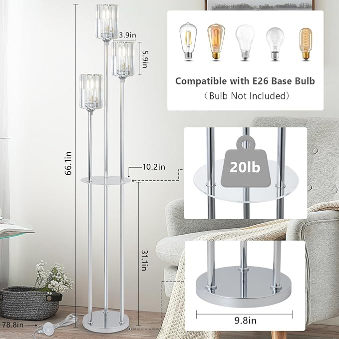 HMVPL Crystal Floor Lamps for Living Room, Modern Floor Lamp with Shelves, 3-Lights Standing Lamp with Crystal Shade, On/Off Foot Switch, Silver Corner Floor Lamp for Bedroom Living Room Office(66")