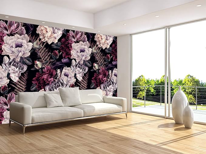 Floral Wallpaper Watercolor Dark Peony Flowers Mural Wallpaper for Bedroom Living Room (Not Peel n' Stick)