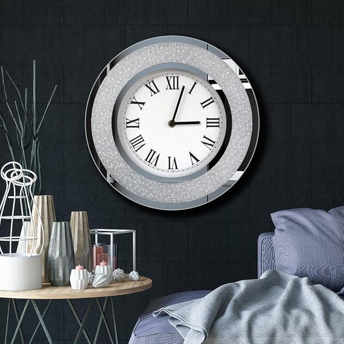 DMDFIRST Bling Silver Round Mirror Clock 12inch. Glam Sparkle Twinkle Shining Mirrored Wall Clock for Wall Decoration Silver Glass Mirror Home Decor. AA Battery is not Included.