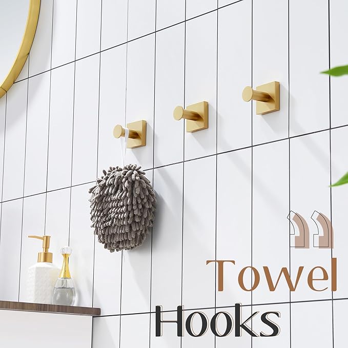 KOKOSIRI Bath Towel Hooks for Shower Wall Hanging Towels Bathroom Robe Hooks for Door Kitchen Closet Brushed Gold Stainless Steel 3 Pack, B1016BG-P3