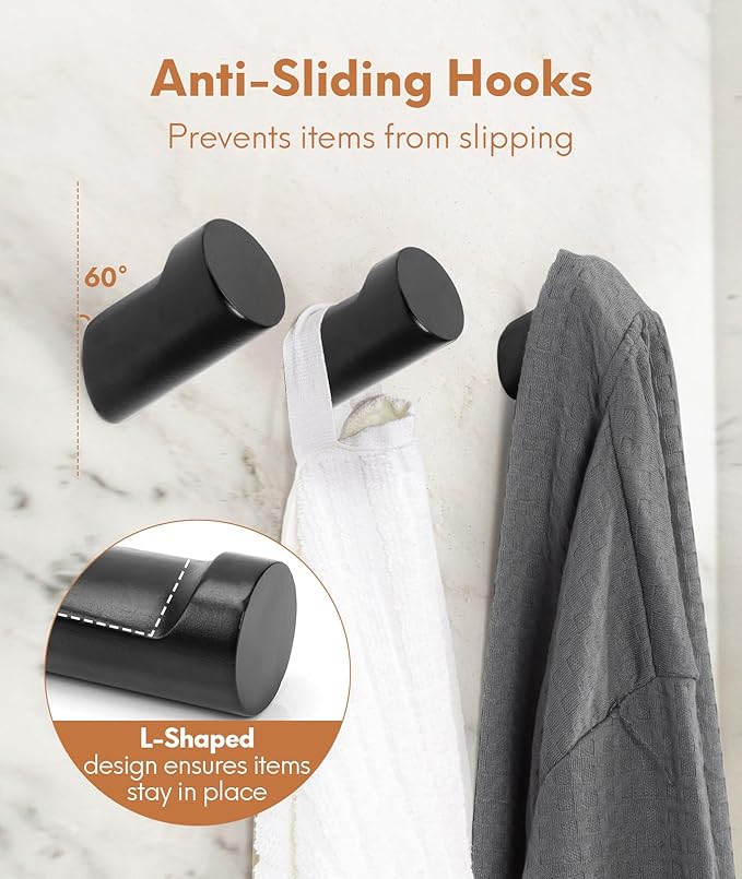 Wood Wall Hooks for Hanging, 8 Pack Hat Hook for Walls, Coat Hook Wall Mount, Backpack Hooks for Walls, Bathroom Towel Hanger (Black)