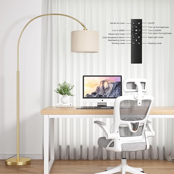 Ambimall Dimmable Arc Floor Lamp with Remote, Color Temperatures and Brightness Adjustable, Arched Floor Lamp with Rotating Head, Over Couch Arched Reading Light for Living Room (Deep Beige and Gold)