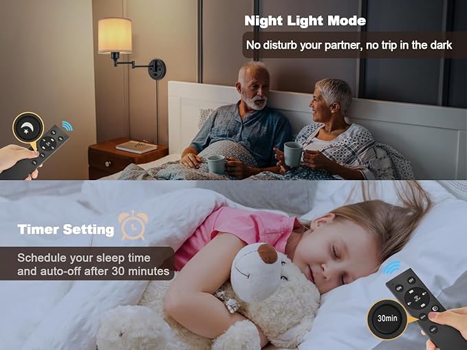 Plug in Wall Sconces with Remote Control, Dimming 10%-100% & Adjustable Colors 2700K-6500K, Hardwire or Plug-in, Swing Arm Wall Lamp with White Fabric Shade, Wall Sconces Set of Two, Black Finish