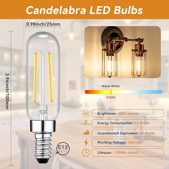 TJOY E12 Candelabra LED Bulbs, Dimmable 5.5W Equivalent 60W 2700K Soft Warm White, Small Base T8 Light Bulb, Vintage Edison Bulb Decorative for Chandelier Ceiling Fan Wall Sconces, 600lm, 6pack