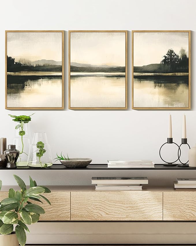 KUVIOKE Watercolor Abstract Mountain Lake Framed Wall Art Brown Landscape Nature Wilderness Painting Nordic Neutral Tan Illustration Decorative Home Decor 12x16in (Natural Framed)