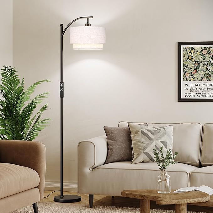 SUNMORY Floor Lamps for Living Room with 12W Remote and Dimmable Bulb, LED Arc Lamp, Modern Floor Lamps with Adjustable Double Fabric Shades, Tall Standing Lamp for Bedroom, Corner, Home Decor