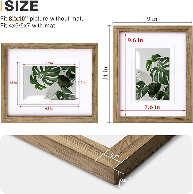 Egofine 8x10 Picture Frames with Plexiglass, Display Pictures 4x6/5x7 with Mat or 8x10 Without Mat Set of 4 for Tabletop and Wall Mounting, Carbonized Brown