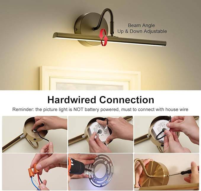 Hardwired Picture Lights for Wall 23.9" Dimmable 3CCT Frame Lights for Wall with Remote, 15W Gallery Artwork Light for Paintings Poster, 2700K-6500K Warm Nature White, 1200LM, Black