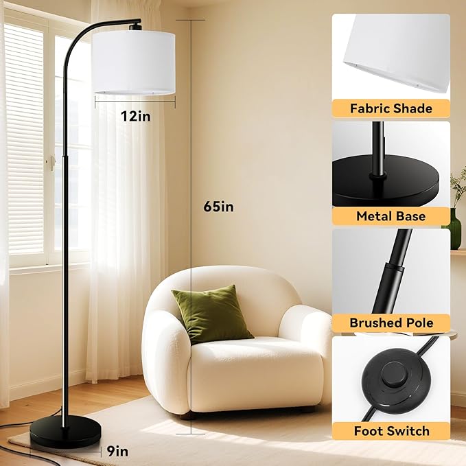 Floor Lamp for Living Room with Remote,Dimmable Tall Standing Lamps,Modern Floor Light with Smart RGB Bulb,App Control,3 Color Temperatures,Fabric Shades,Gold Floor Lamp for Bedroom Office Corner