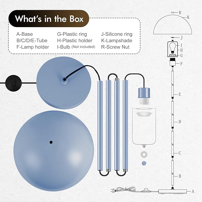 Floor Lamp, Industrial Blue Floor Lamps for Living Room, 65.6in Standing Lamp, Retro Mushroom Dome Shade, Whole Metal, E26 Socket, Mid Century Modern Floor Lamp for Bedroom/Office,No Bulb